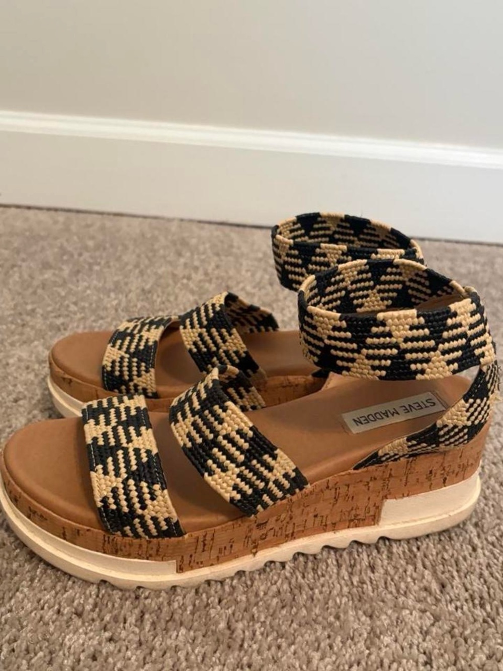 Steve Madden Black & Tan Woven Cork Wedge Sandals